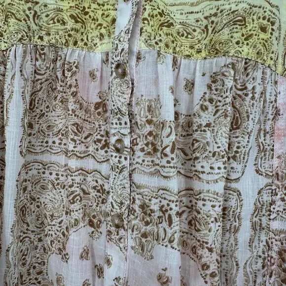 Pilcro Anthropologie Blouse Womens Medium Yellow Pink Boho Peasant Long Sleeve - Picture 4 of 9